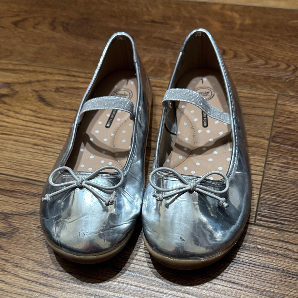 Shiny Silver Flats with Bow